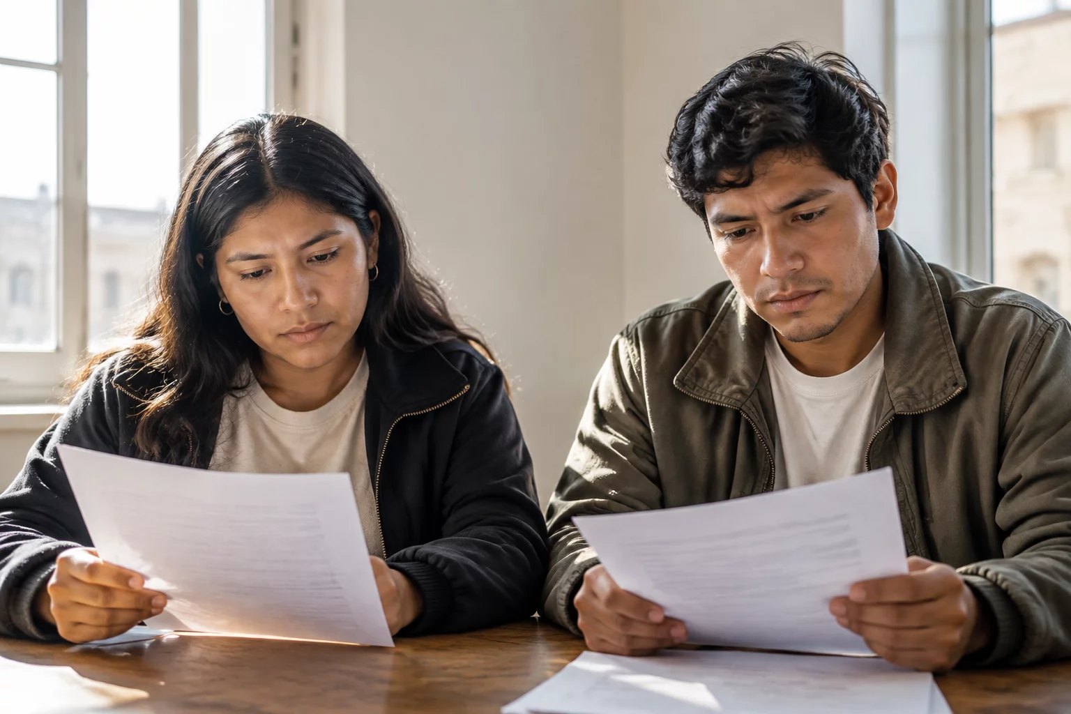 Dos asistentes leyendo juntos las hojas del caso