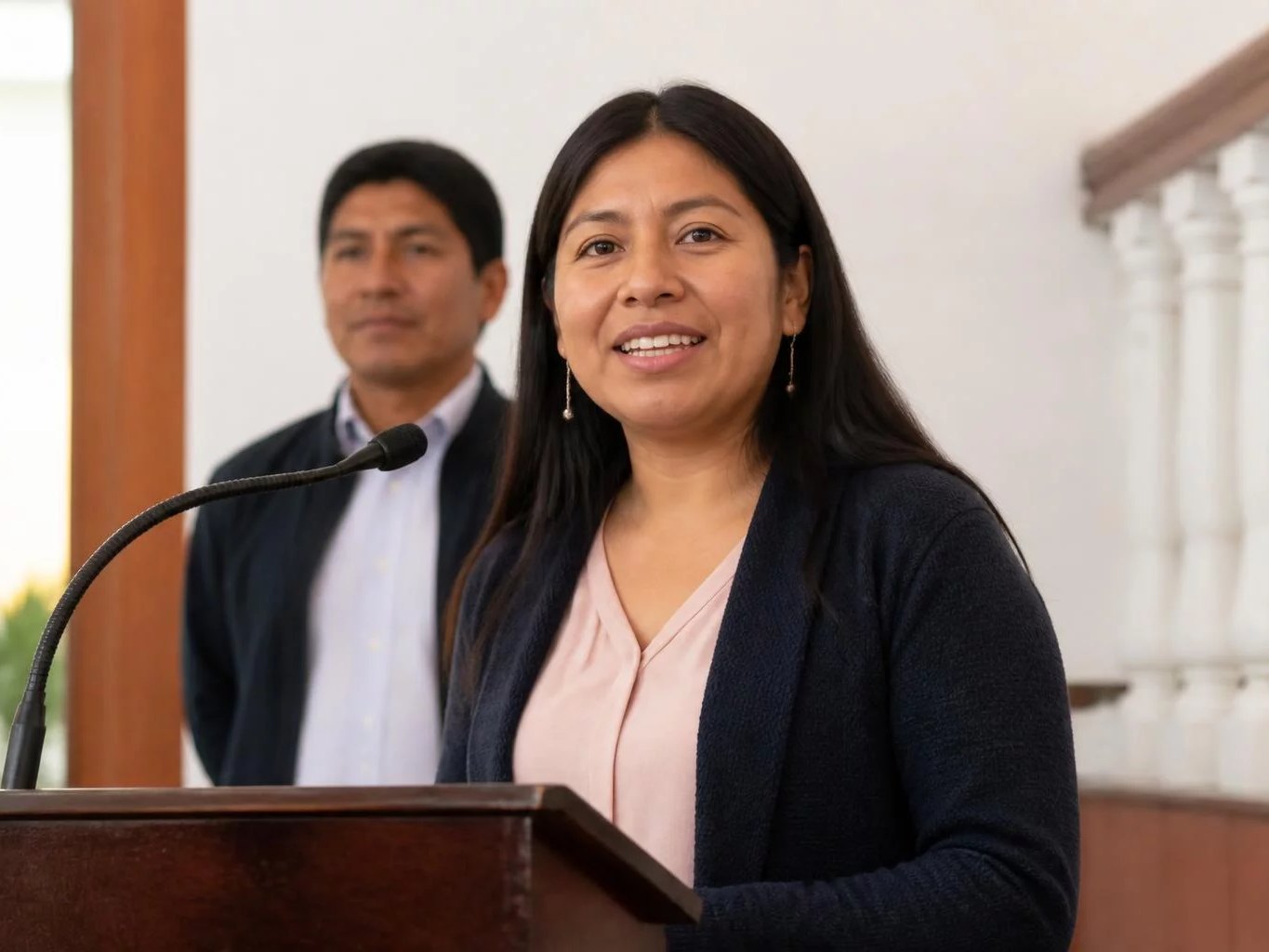 Un micrófono en el atril, con alguien de pie al fondo