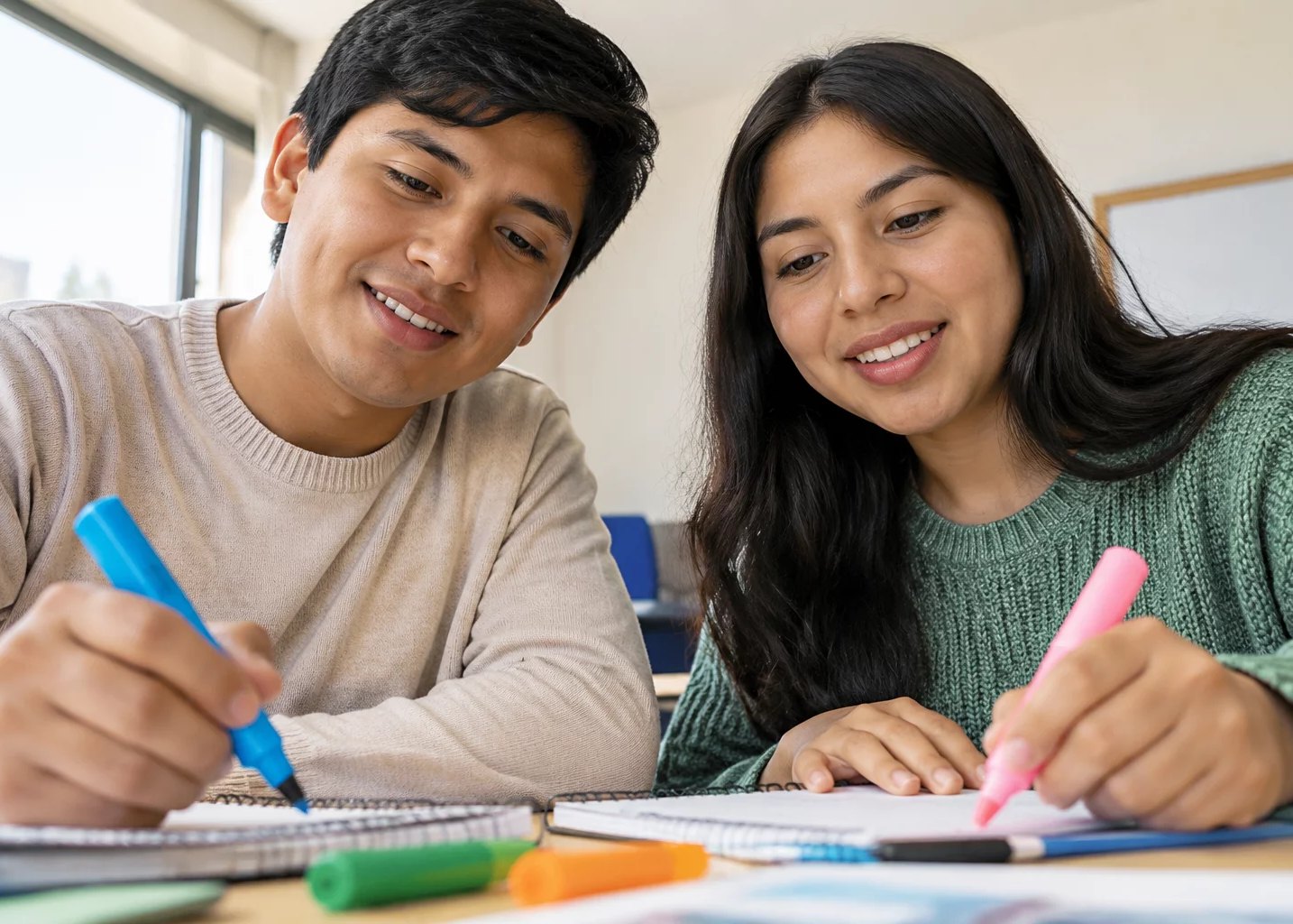 Dupla preparando su intervención con cuaderno y plumones