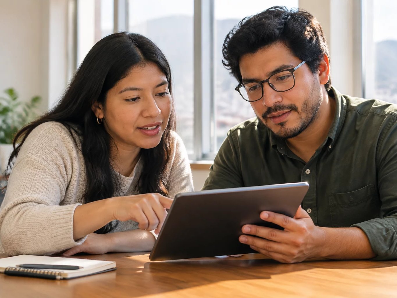 Dos personas inclinadas sobre una tablet con anotaciones