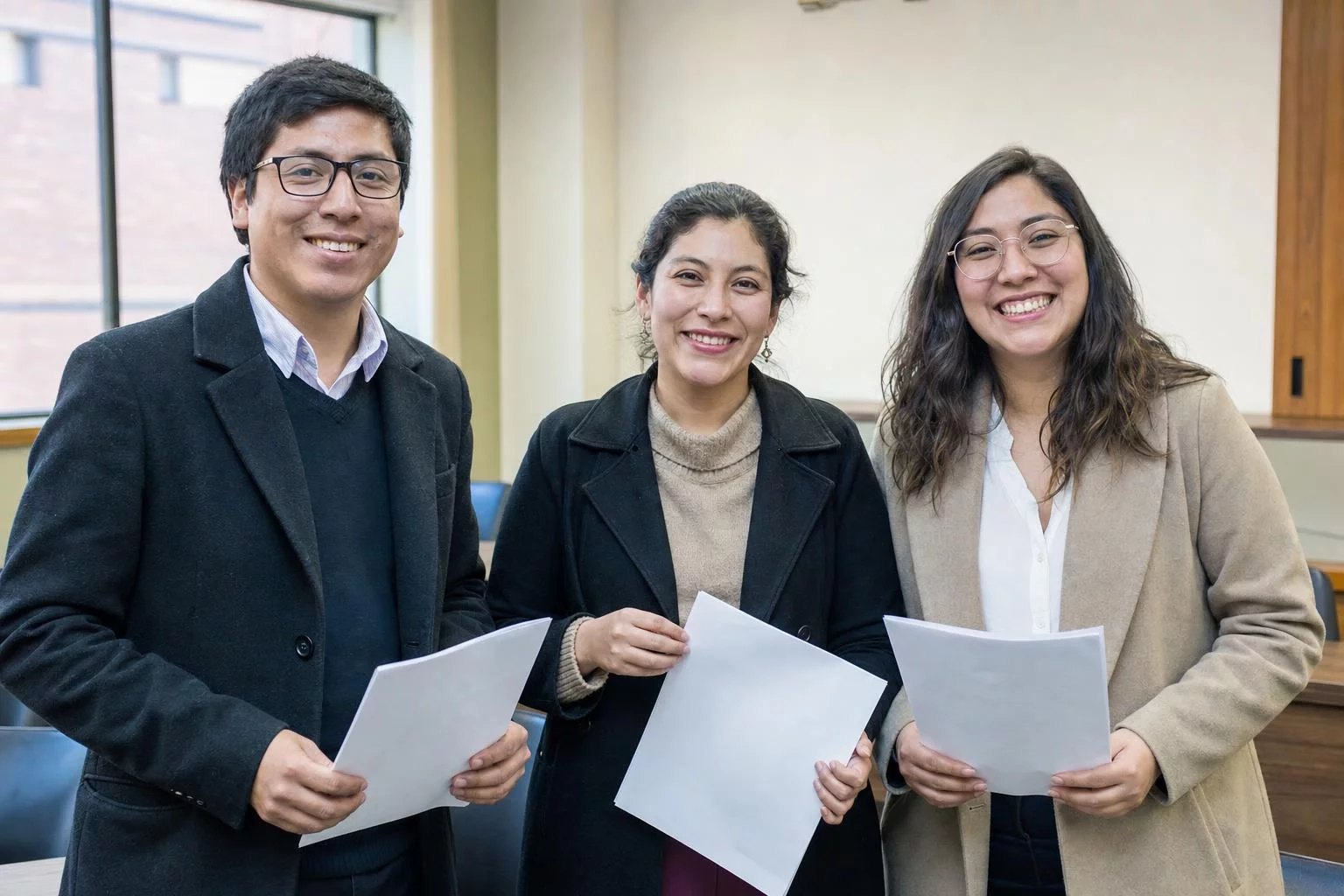 Tres personas sonriendo tras el cierre de una ronda
