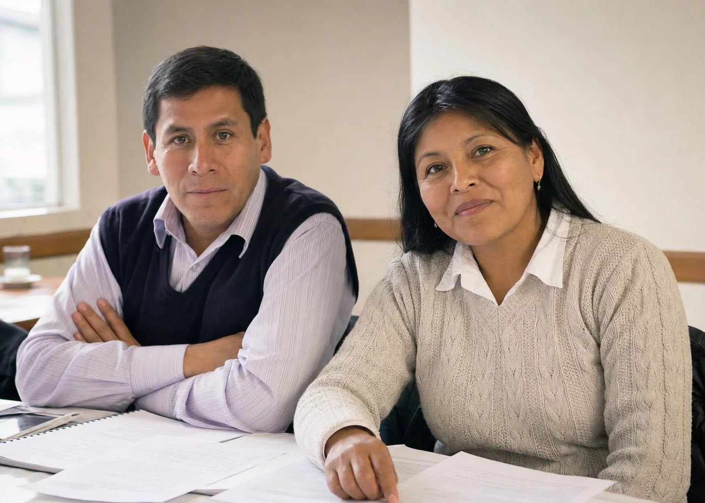 Dos asistentes en la mesa de trabajo, entre hojas y anotaciones