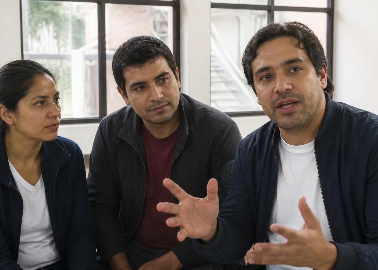 Tres personas en una sala de reuniones, una de ellas argumentando